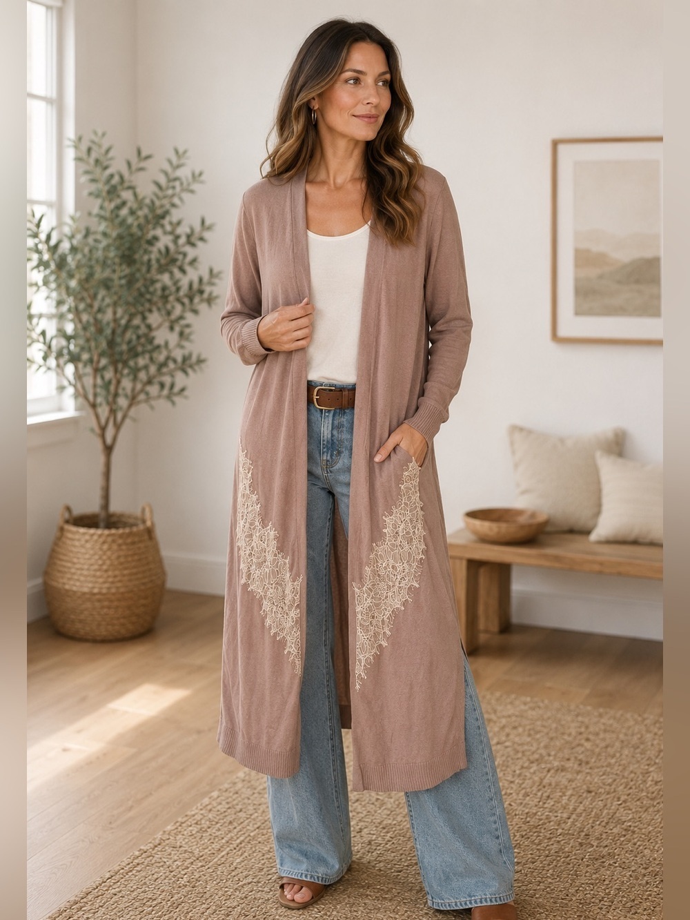 Soma mauve long-sleeve duster cardigan cream lace longline boho luxury womens Xl